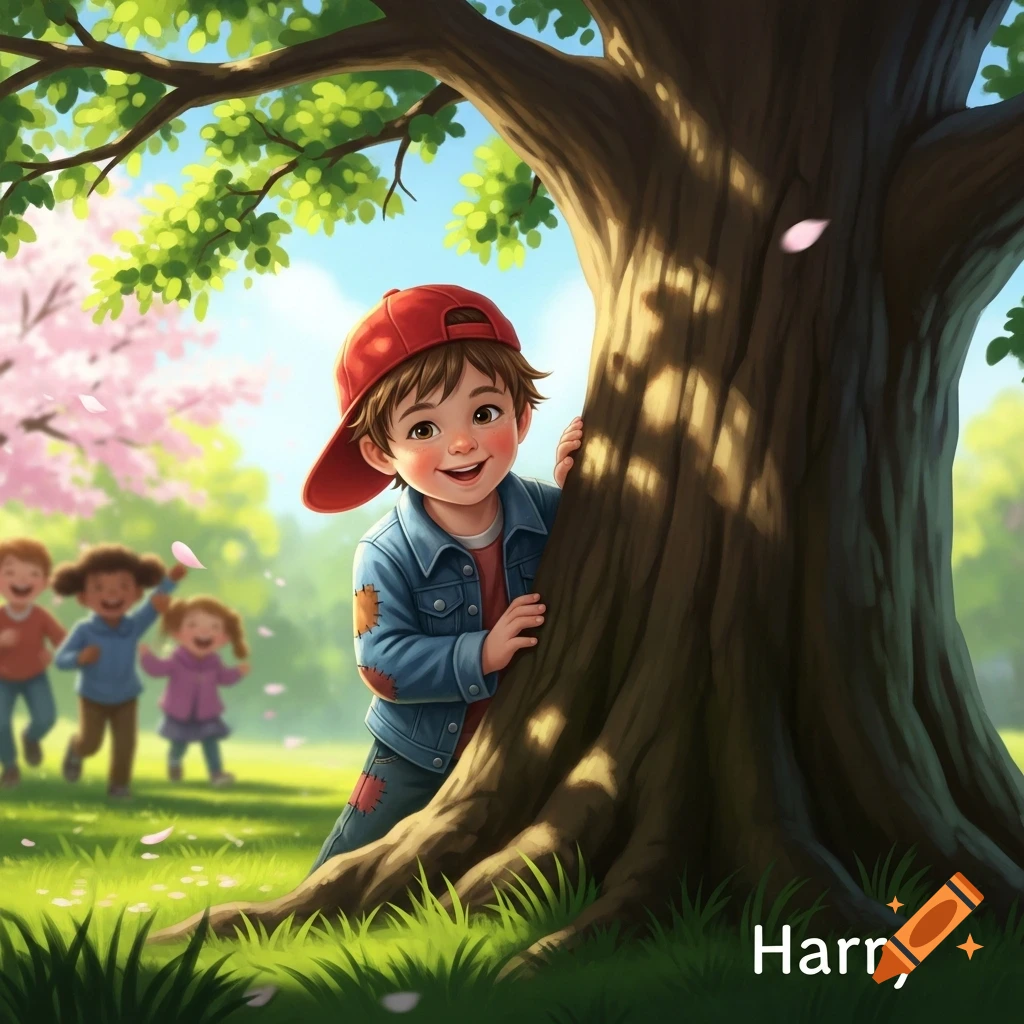 A smiling cartoon boy in a red cap peeks from behind a large tree in a sunny park, with other children playing in the blurry background and pink flower petals falling.
