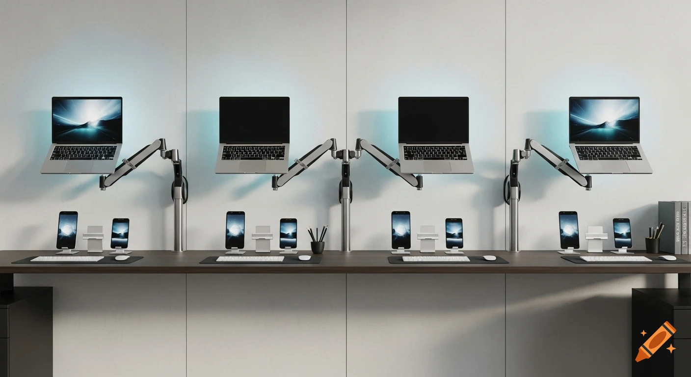 A modern, minimalist workspace features four stations with laptops on wall-mounted arms, each flanked by two mobile phones on stands.