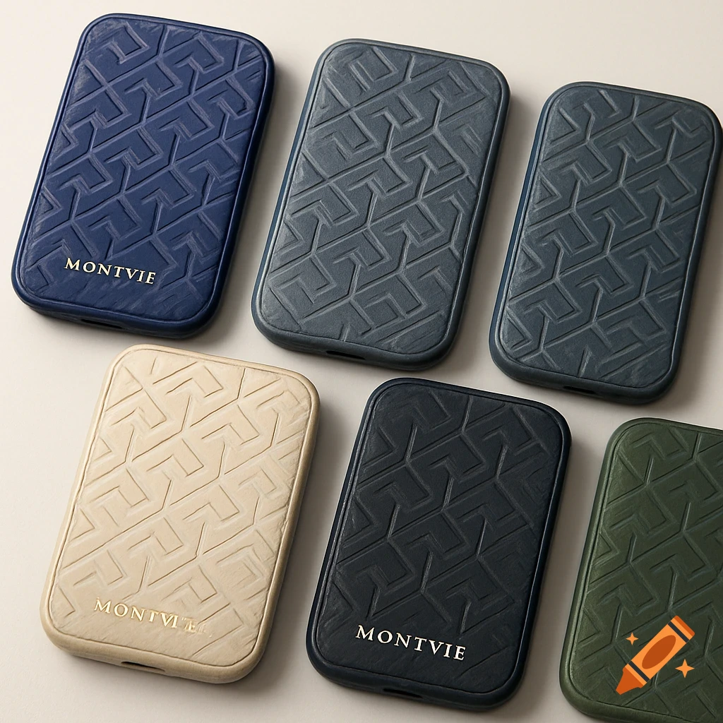 An overhead view of several textured phone cases in various colors like royal blue, navy, cream, and dark grey, each embossed with 'MONTVIE'.