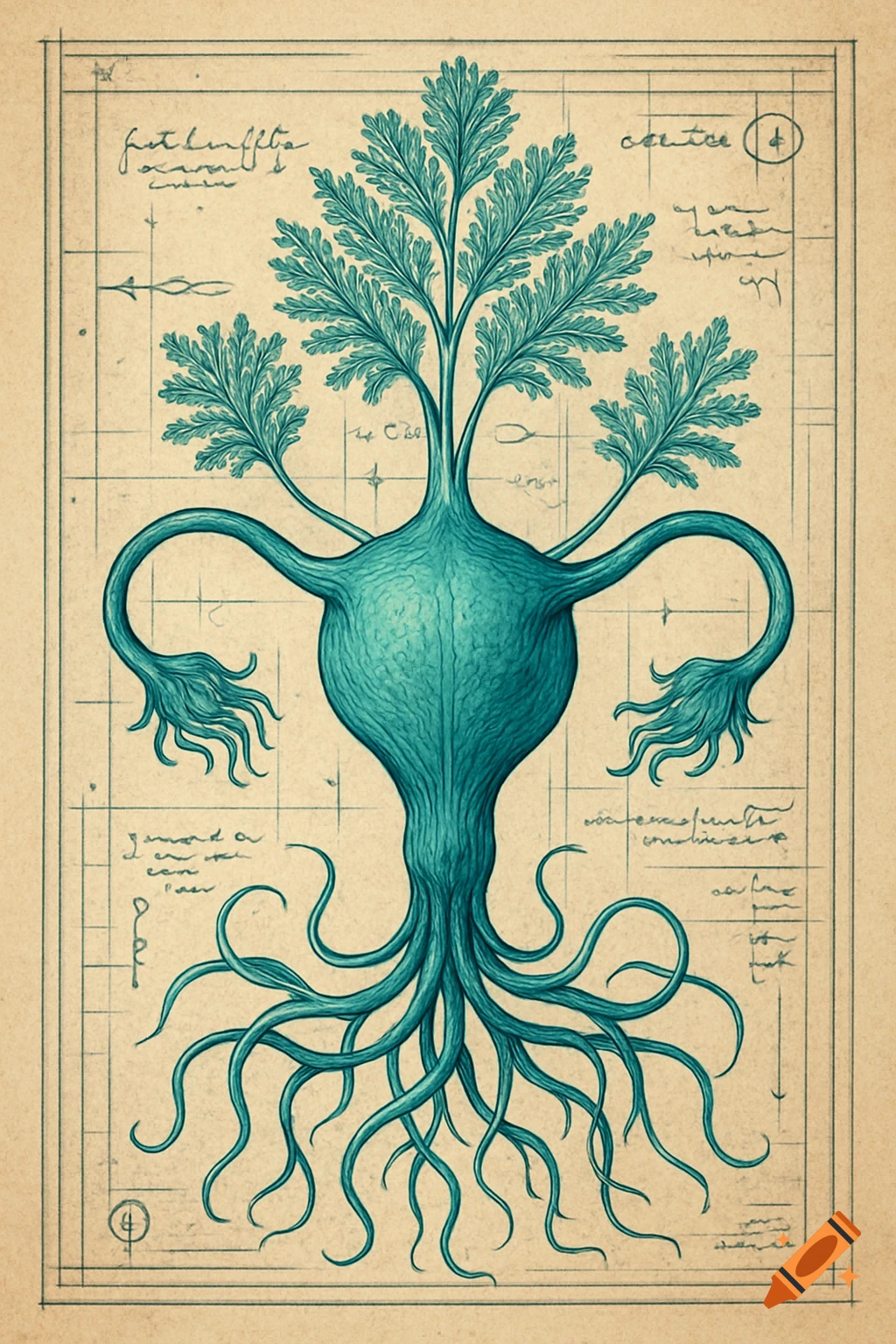 A teal, plant-like structure with a central bulbous form resembling a uterus, topped with leaves and rooted with tendrils, drawn on a vintage blueprint background with illegible notes.