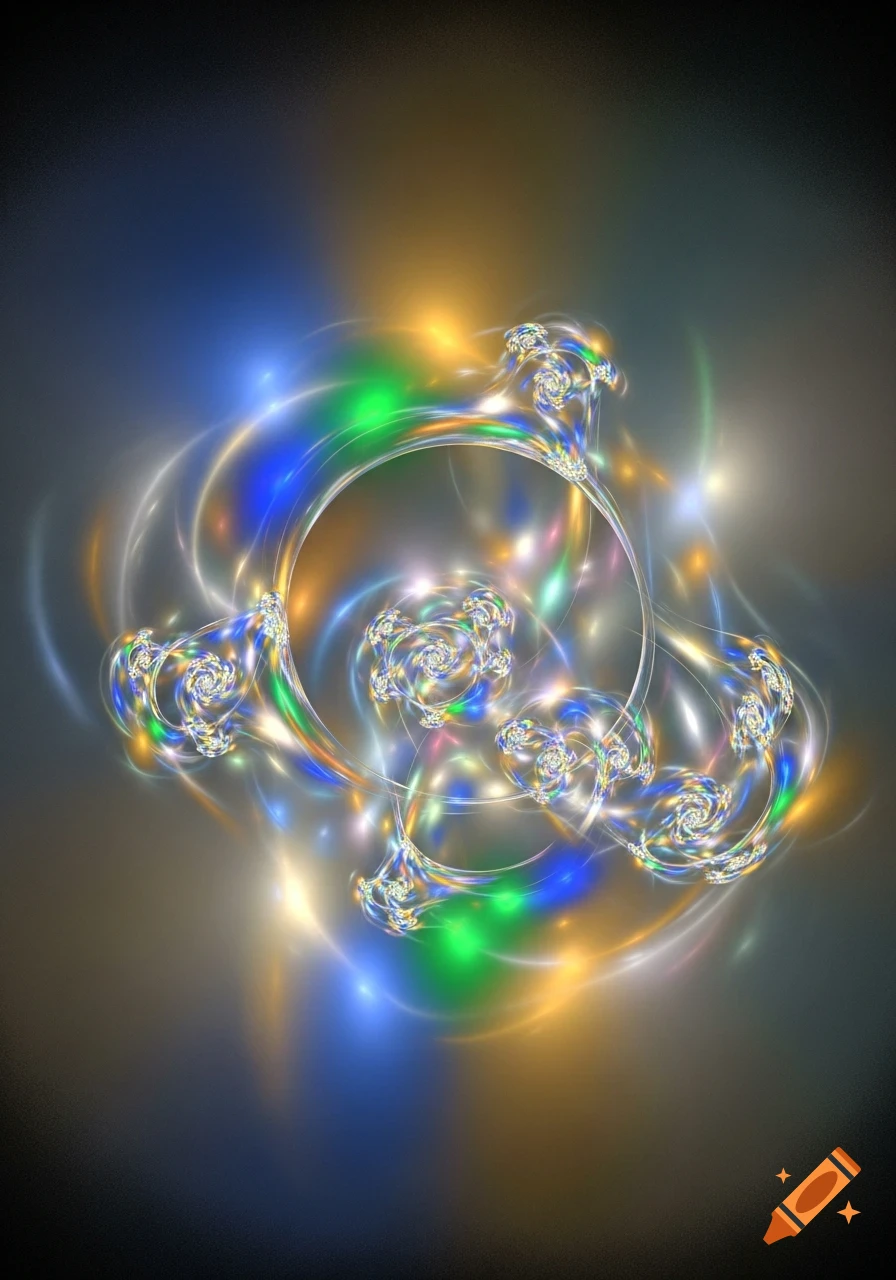 Abstract fractal art with glowing blue, green, and orange light swirls and sparkling details on a dark background.