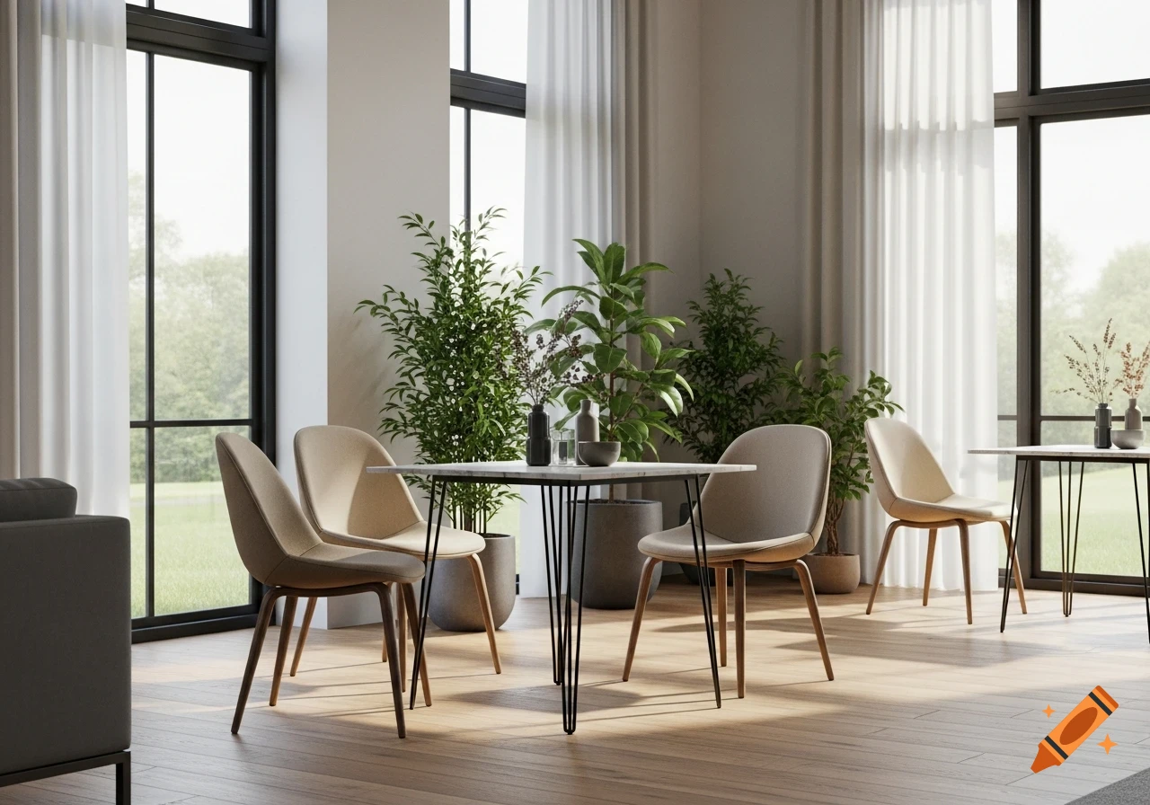 A modern dining area with a small square marble table, four beige chairs, numerous potted green plants, and large windows with sheer white curtains, all on light wood flooring.