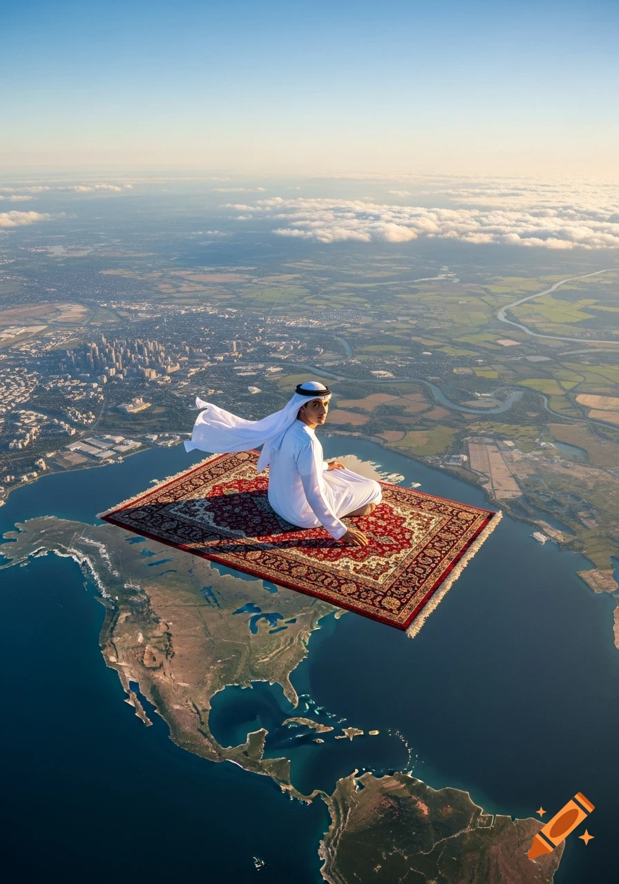 An Arabian man on a red flying carpet soars high above the North American continent, a city and clouds in the distance.
