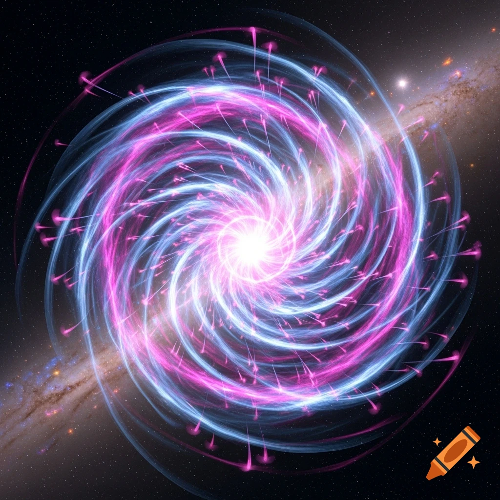 A vibrant pink and blue swirling plasma energy vortex against a starry cosmic background with a galaxy.