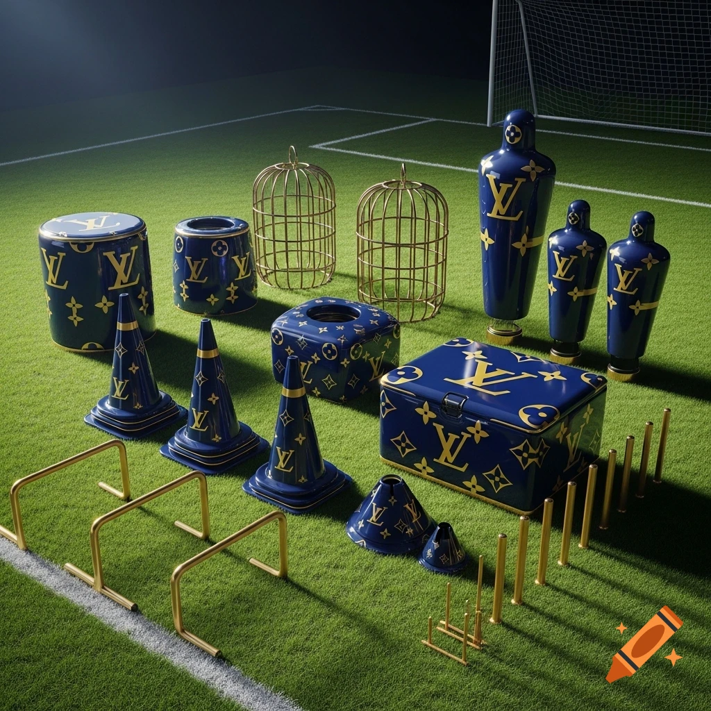 Blue and gold Louis Vuitton branded football training equipment, including cones, boxes, and hurdles, on a green pitch.