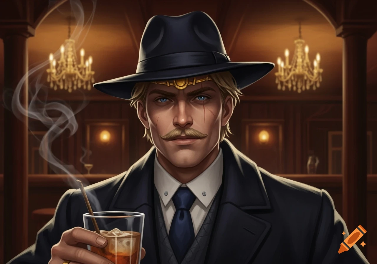 A stylized illustration of a blonde man with a mustache, scar, and circlet, wearing a fedora and suit, holding a drink and smoking in a dim bar.