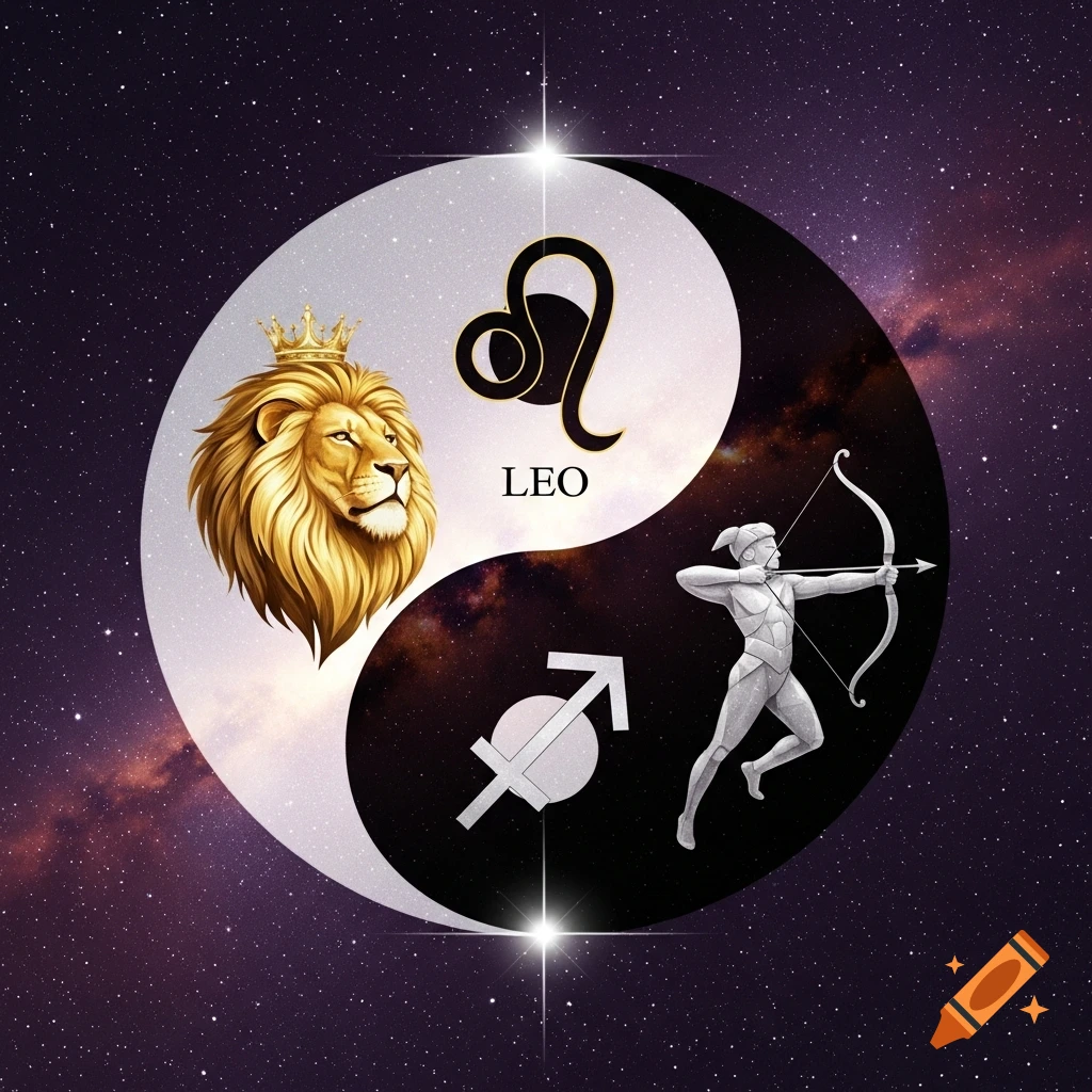 A stylized yin-yang symbol with a crowned lion and 'LEO' on one side, and a silver archer and Sagittarius symbol on the other, against a starry sky.