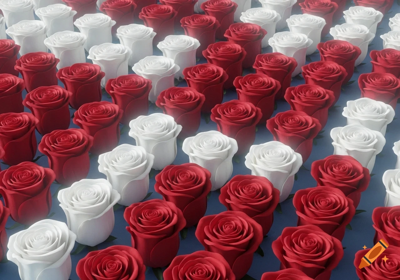 Close-up of rows of vibrant red and white roses arranged in a checkerboard pattern on a pale blue background.