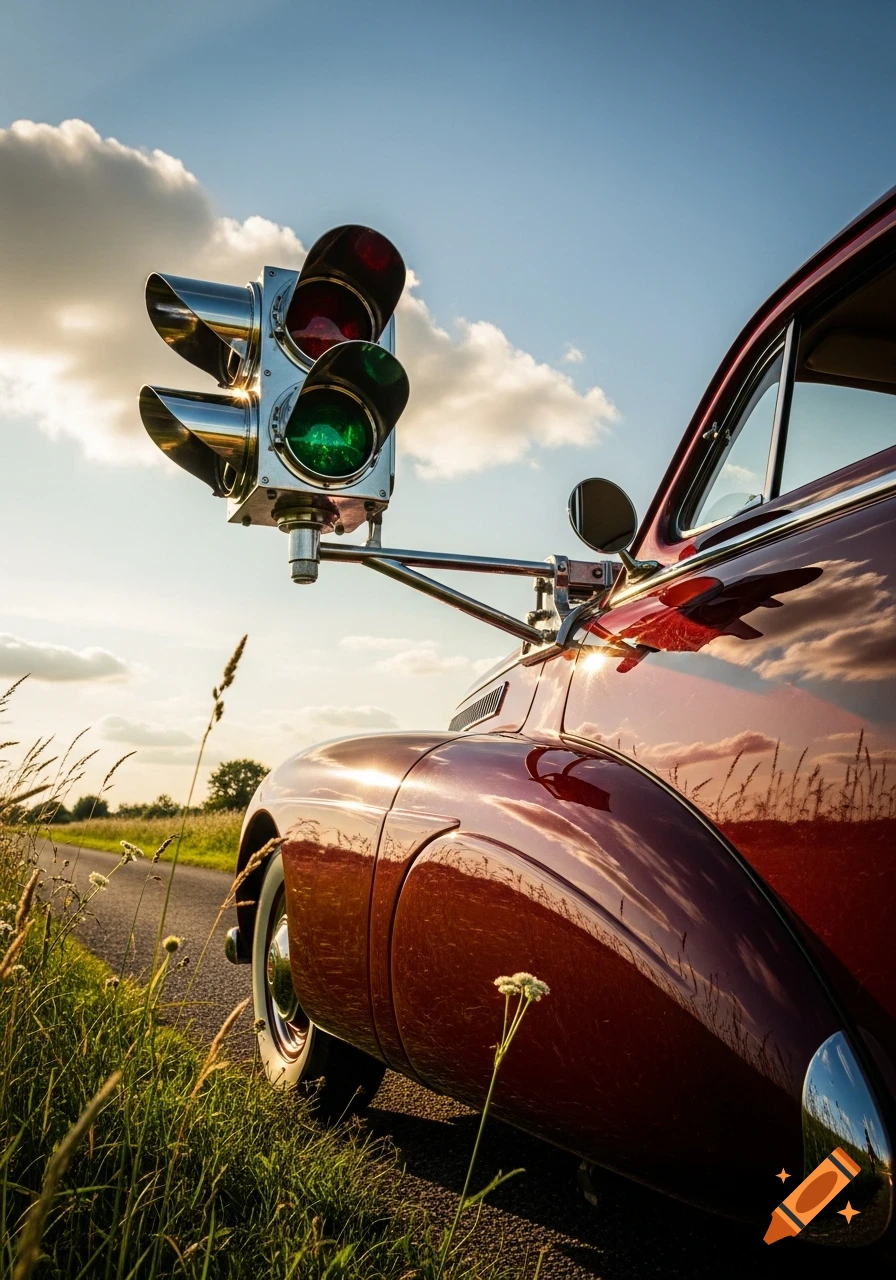 A low-angle shot of a shiny red vintage car parked on a rural road, with a large, chrome traffic light mounted where the side mirror would be, showing a green light. Golden hour sun casts reflections on the car's body and illuminates the grassy roadside.