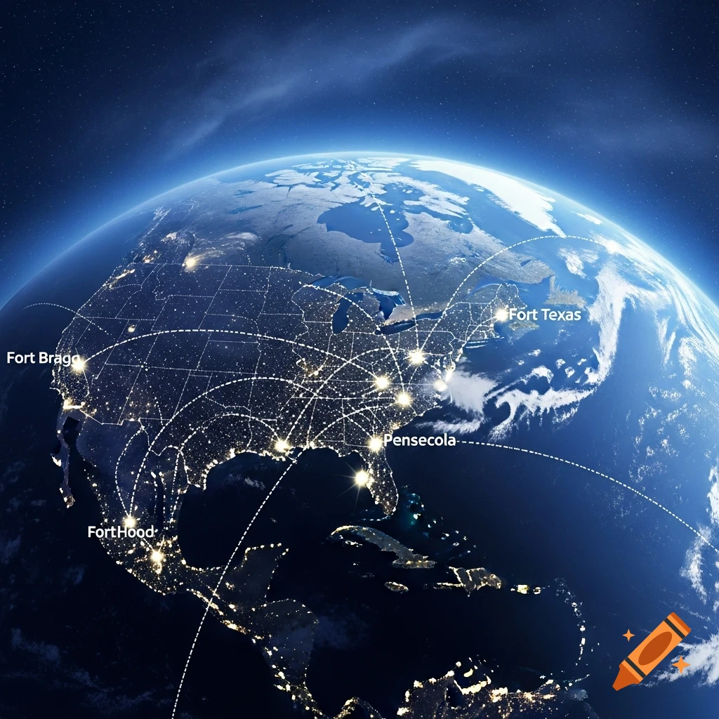 Photorealistic globe showing North America at night, with illuminated cities and white dotted lines connecting Fort Bragg, Pensacola, and Fort Hood.