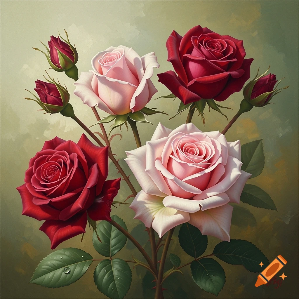 Oil painting of a vibrant bouquet of red and pink roses with buds and leaves on a soft green background.