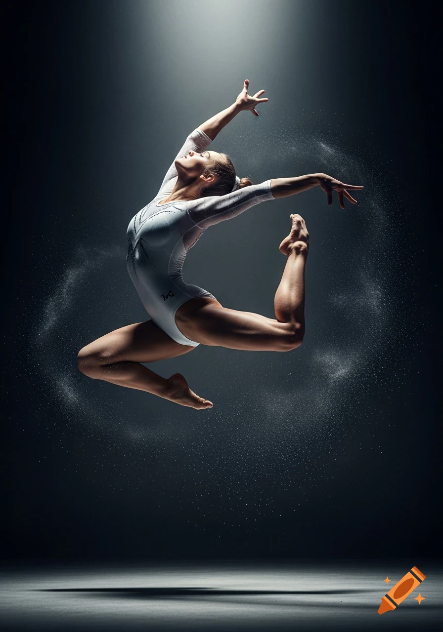 A female gymnast in a white leotard leaps gracefully in a dramatic spotlight against a dark, dusty background.
