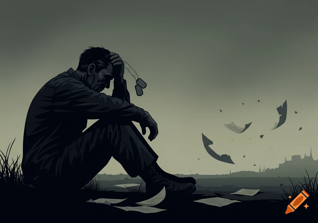 A 2D graphic art image of a distressed war veteran sitting with dog tags, head in hands, surrounded by scattered papers.