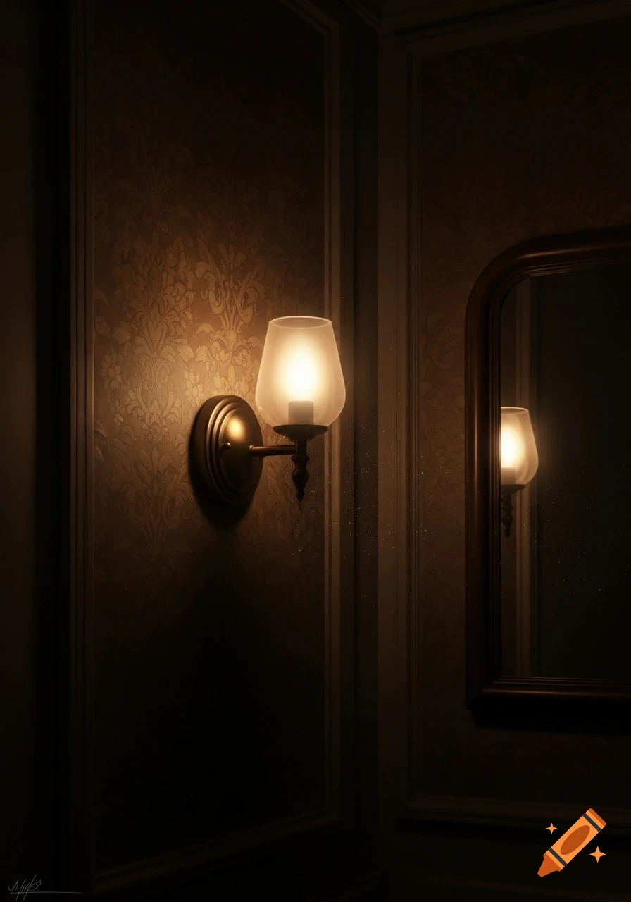 A dimly lit wall sconce illuminates patterned wallpaper next to a mirror in a dark, elegant room in a photorealistic style.