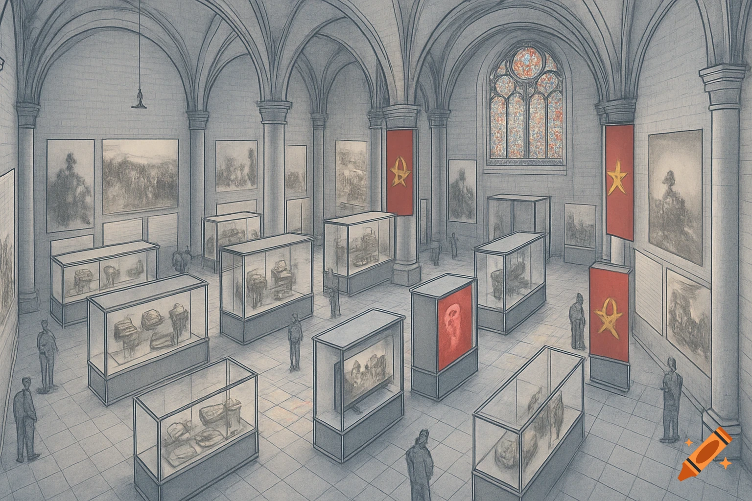 Sketch of a museum hall with arched ceilings, display cases, wall paintings, a stained glass window, and red banners with yellow stars.