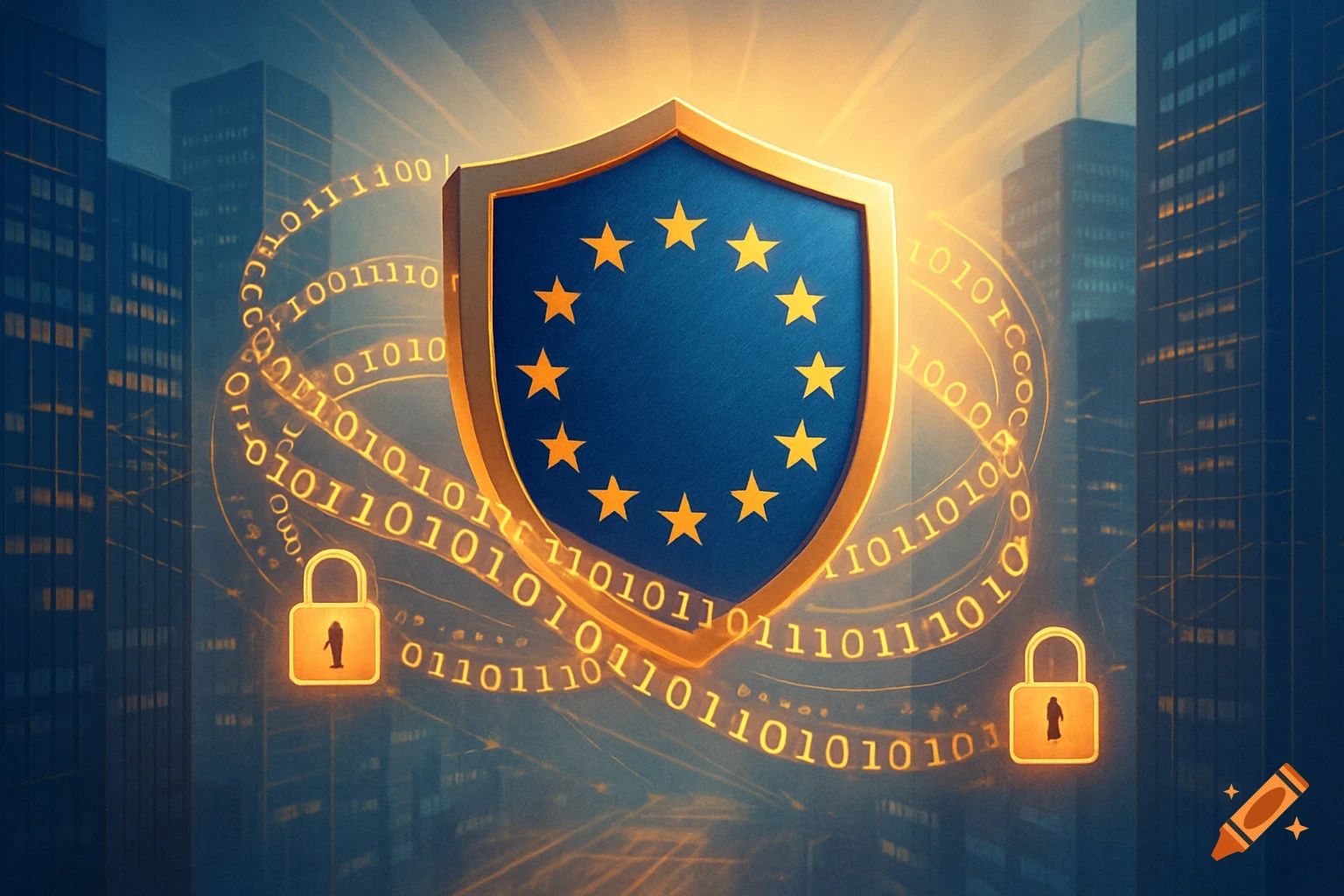 A golden-bordered blue shield with the European Union stars, surrounded by glowing binary code and two padlocks, against a blurred city skyline.