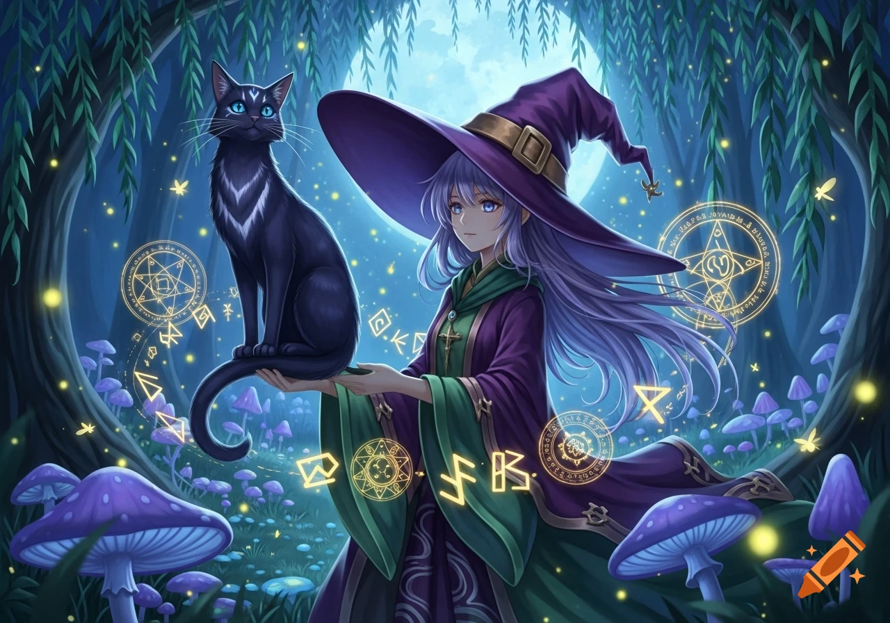An anime witch with purple hair and a tall hat holds a black cat with glowing blue eyes in a mystical forest. Magical symbols float around them in the moonlight, surrounded by glowing mushrooms and fireflies.