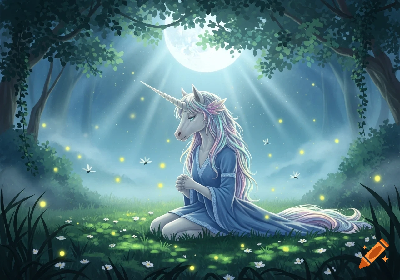 A graceful unicorn-human hybrid with rainbow hair kneels in a magical, moonlit forest clearing, surrounded by fireflies.