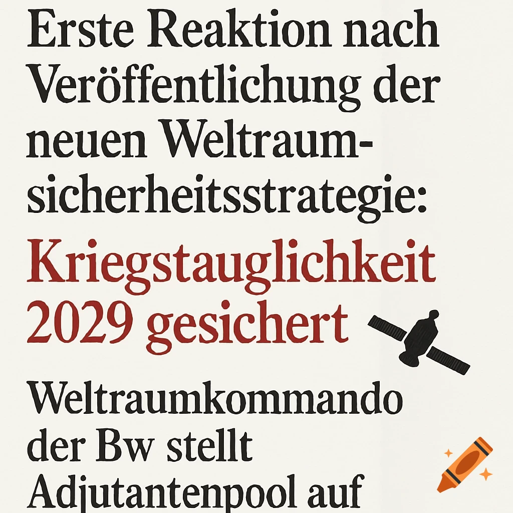 German text about space security strategy and war capability for 2029, featuring a black satellite icon on a white background.