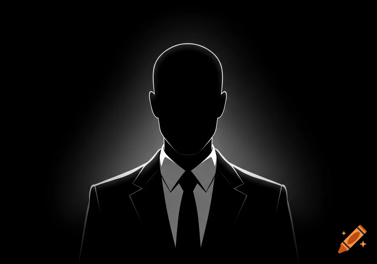 Minimalist black and white silhouette of a person in a suit and tie, with a dark background and cinematic lighting.