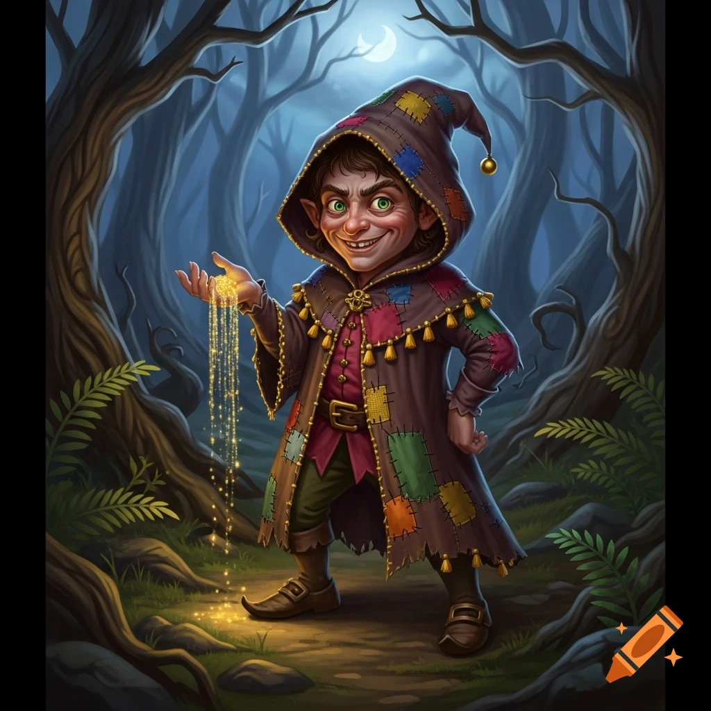 A gnome-like creature with green eyes and a mischievous grin, wearing a patchwork cloak and pointy hat, sprinkles golden dust in a moonlit forest.