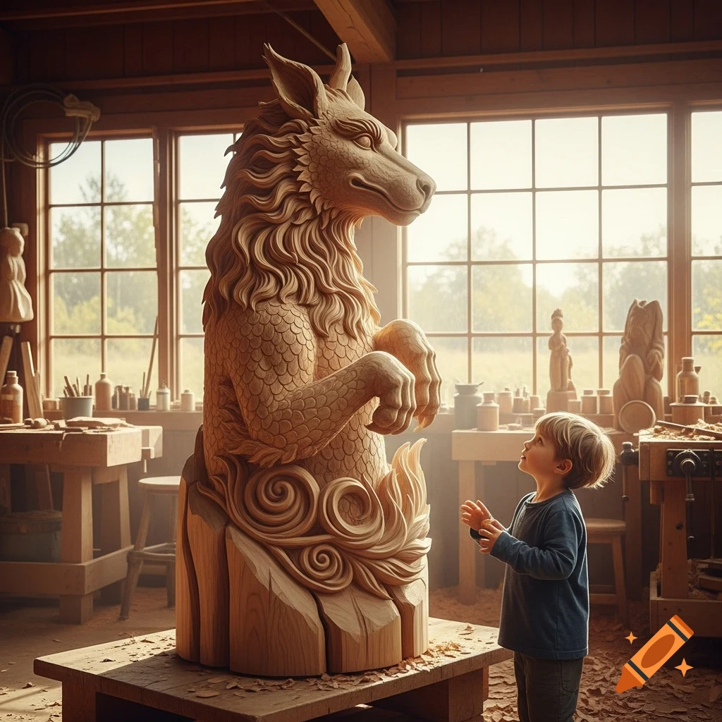 A small child looks up in awe at a large, intricately carved wooden statue of a mythical beast with a wolf-like head and scaled body in a sunlit woodworking shop.