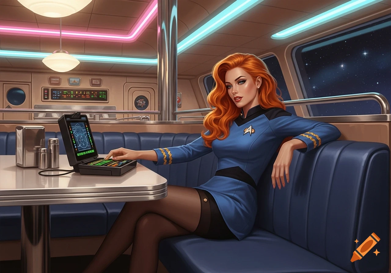 A red-haired woman in a blue Star Trek uniform and stockings sits in a futuristic diner booth, operating a sci-fi device on the table with a starry window behind her.
