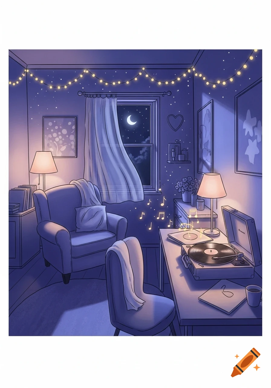 Dreamy, purple-hued room at night with string lights, a record player, and music notes. Cozy lofi illustration.