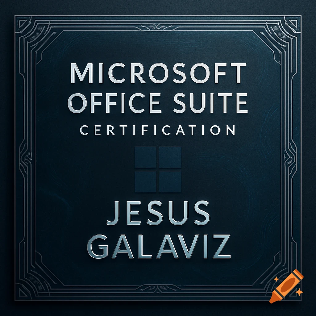 Dark blue Microsoft Office Suite Certification plaque with silver text for Jesus Galaviz and a Windows logo.