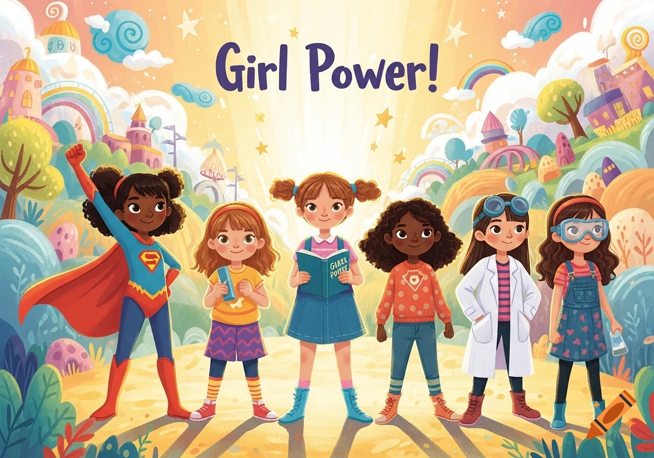 Six diverse cartoon girls, including a superhero, student, and scientists, stand under a 'Girl Power!' slogan in a dreamy, colorful landscape.