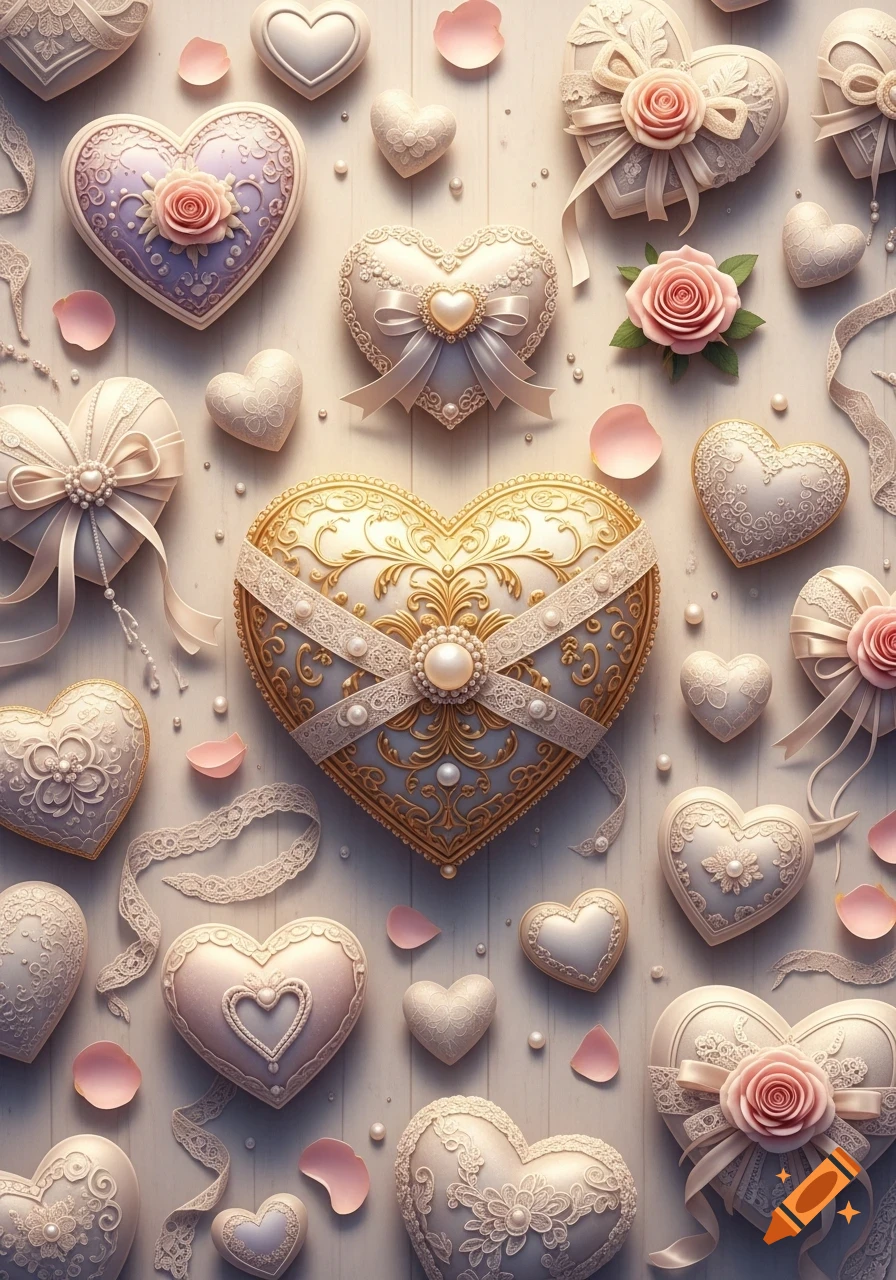 Overhead view of various ornate hearts, ribbons, pearls, and pink rose petals on a light wooden background.