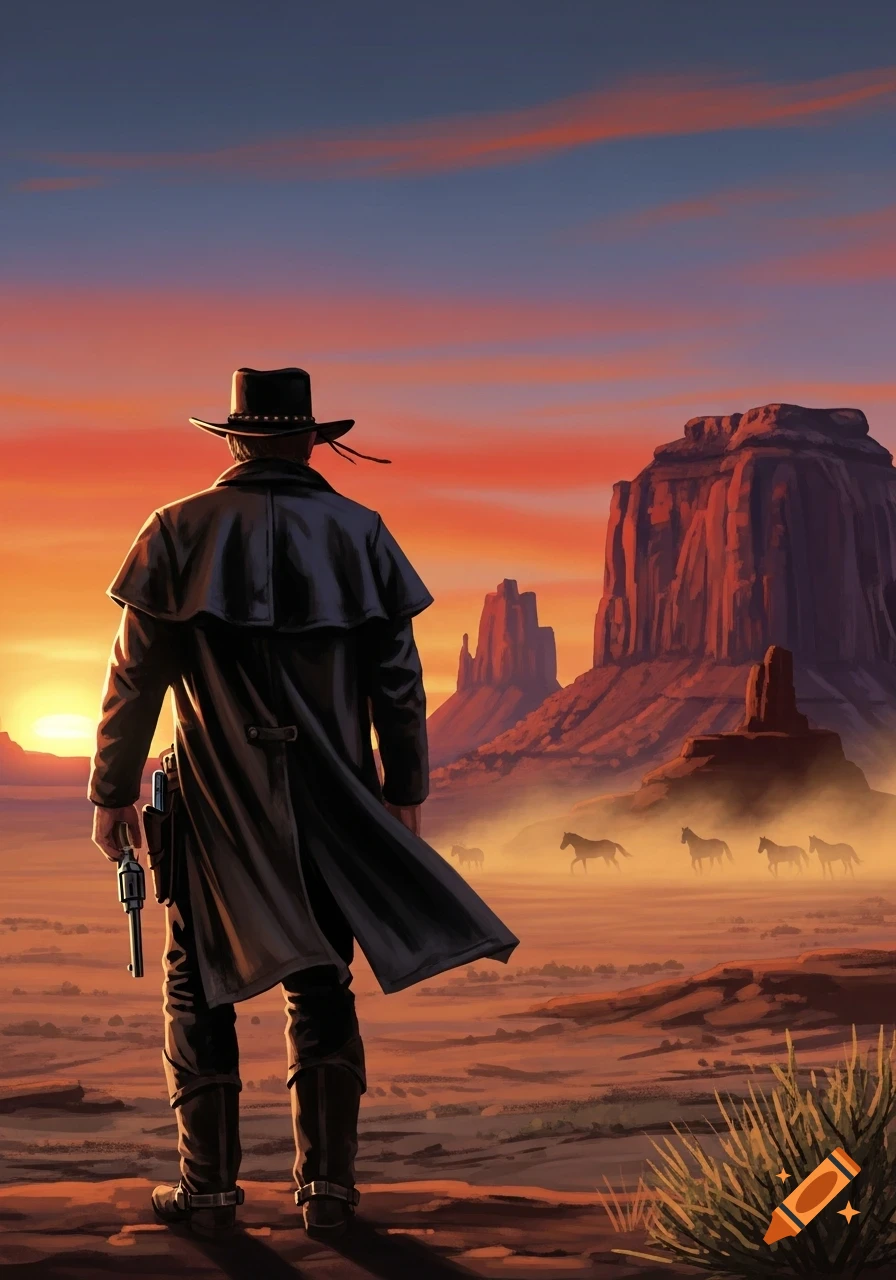 A cowboy in a duster coat and hat stands in a desert landscape at sunset, holding a revolver. Distant mesas and horses are visible.