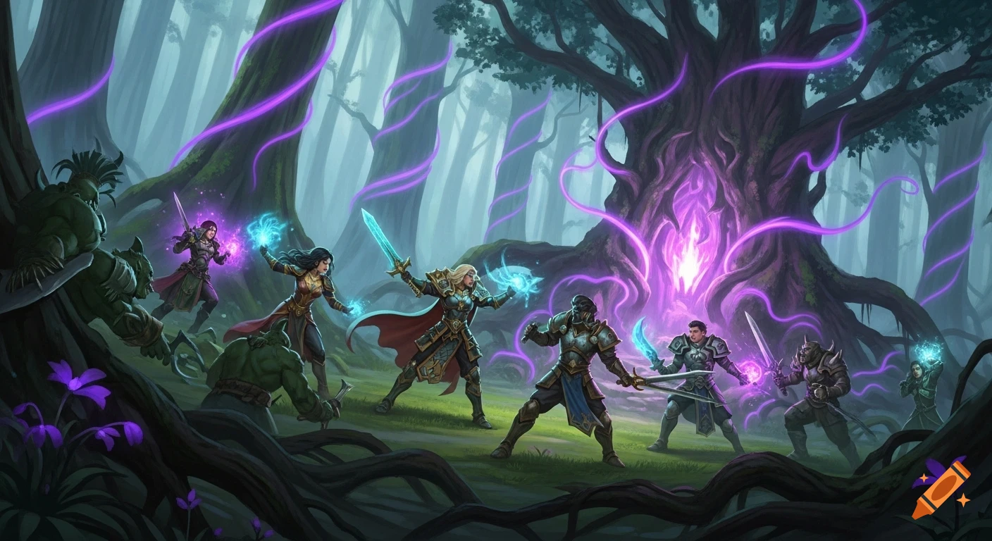 Fantasy RPG heroes battle orcs in an enchanted forest with glowing purple tendrils.