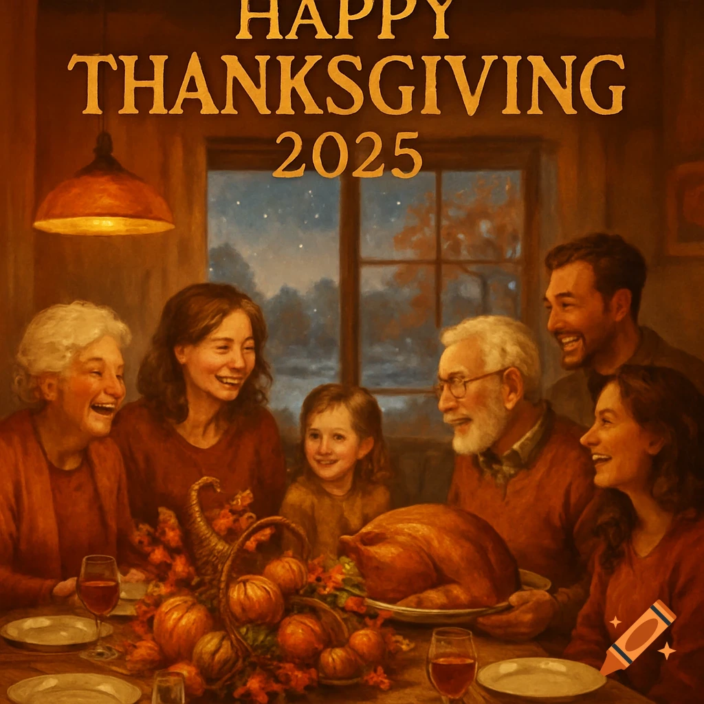 A happy family celebrates Thanksgiving dinner around a table with a roasted turkey, a cornucopia, and "HAPPY THANKSGIVING 2025" above, in a painterly style.