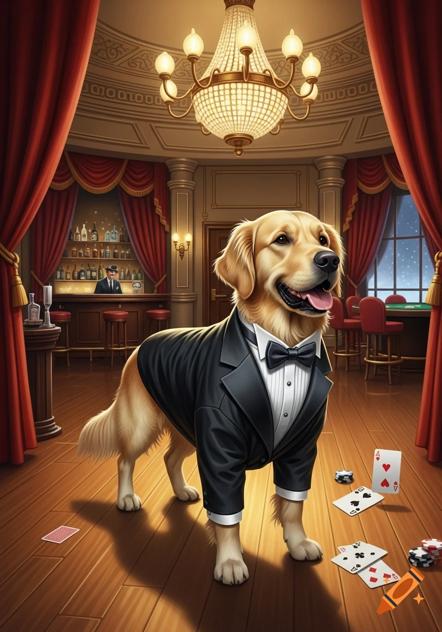 A dapper golden retriever wearing a tuxedo and bow tie stands in a luxurious casino-like room with playing cards on the wooden floor.