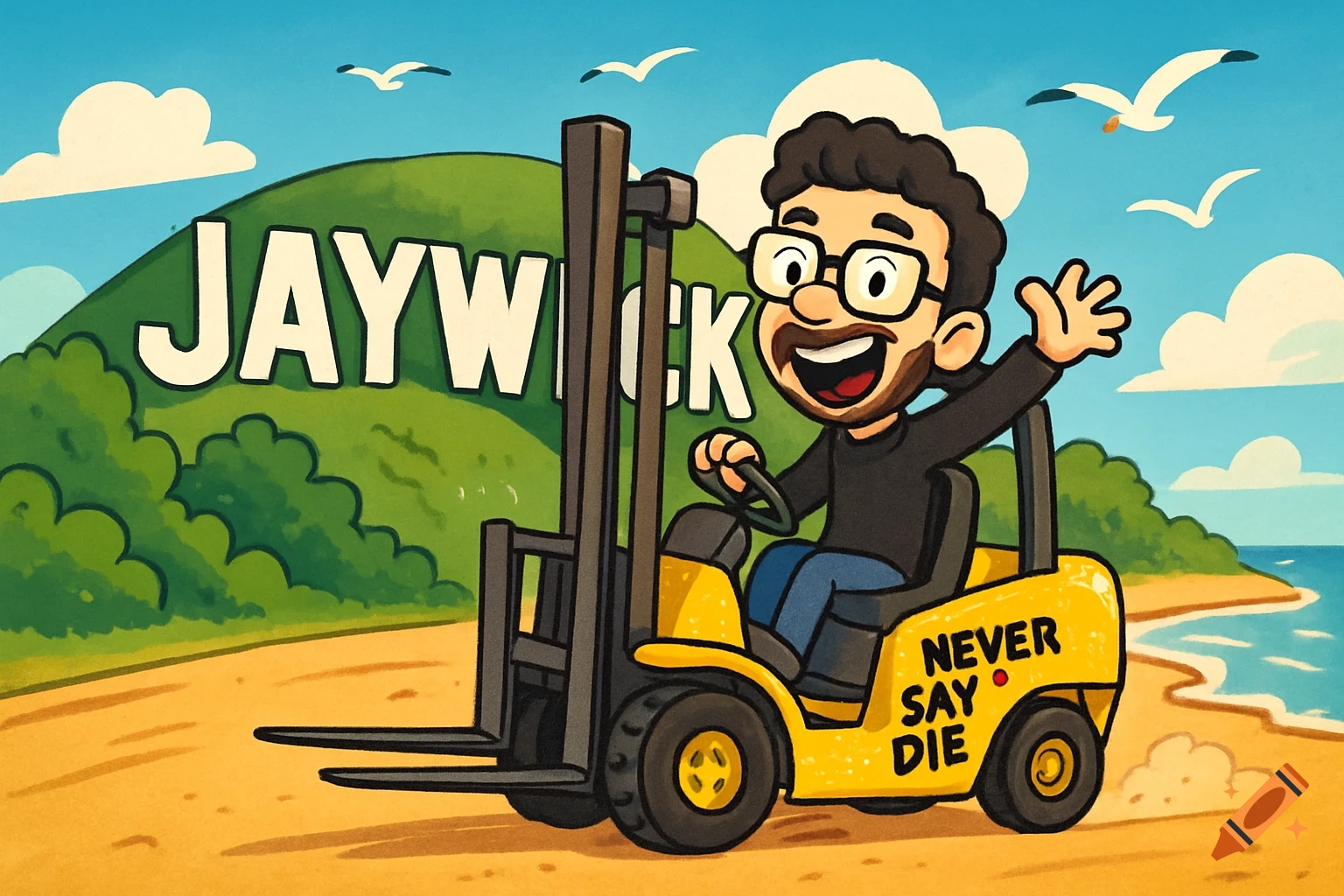 A cartoon man in glasses and a beard waves from a yellow forklift on a sandy path, with a hill in the background spelling "JAYWICK" and "NEVER SAY DIE" written on the forklift.