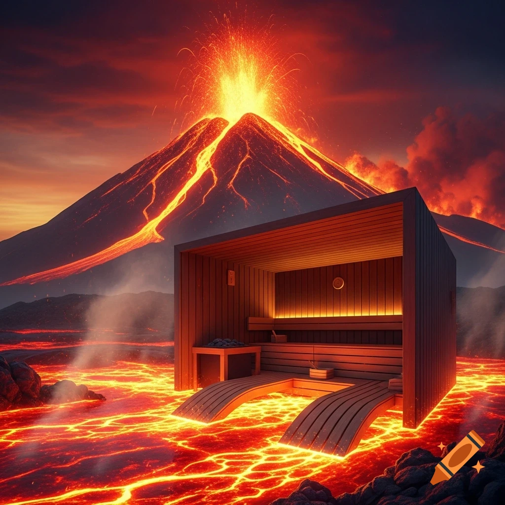 A modern wooden sauna building sits in a field of glowing lava with an erupting volcano under a dramatic red sky.