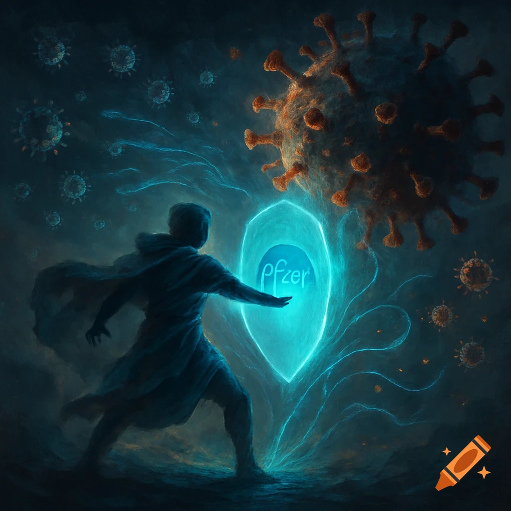 A hooded figure with a glowing 'pfizer' shield battles stylized COVID-19 viruses in a dark, ethereal setting.