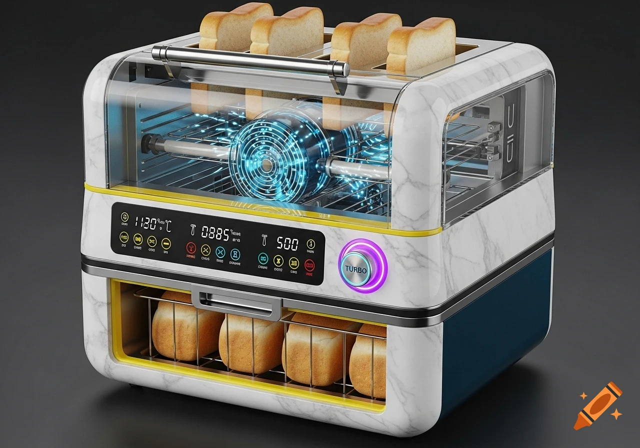 A futuristic, multi-level toaster with marble pattern, a transparent top for four bread slices, digital controls, and a lower storage compartment.