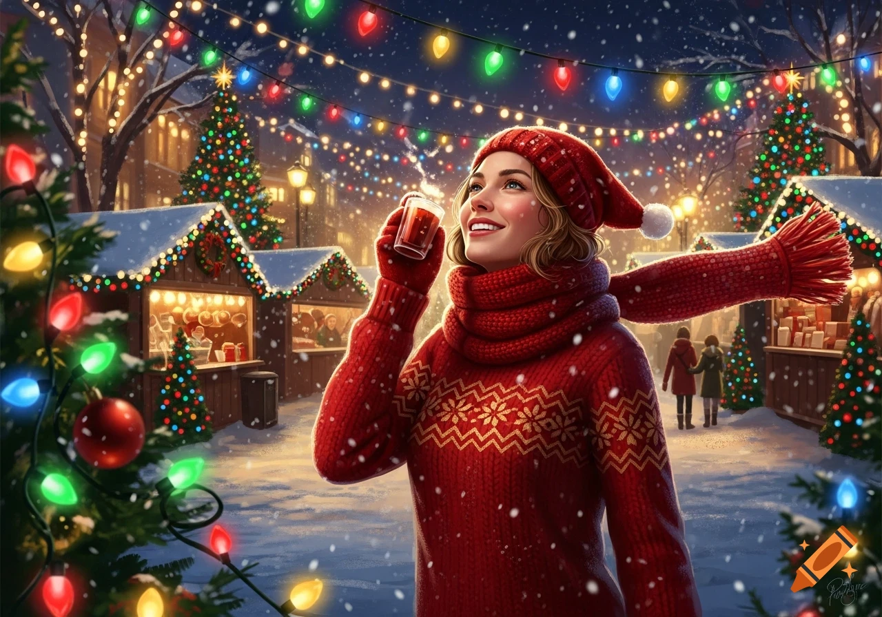 A smiling woman in a red sweater and hat holding a drink at a snowy, colorful Christmas market at night.