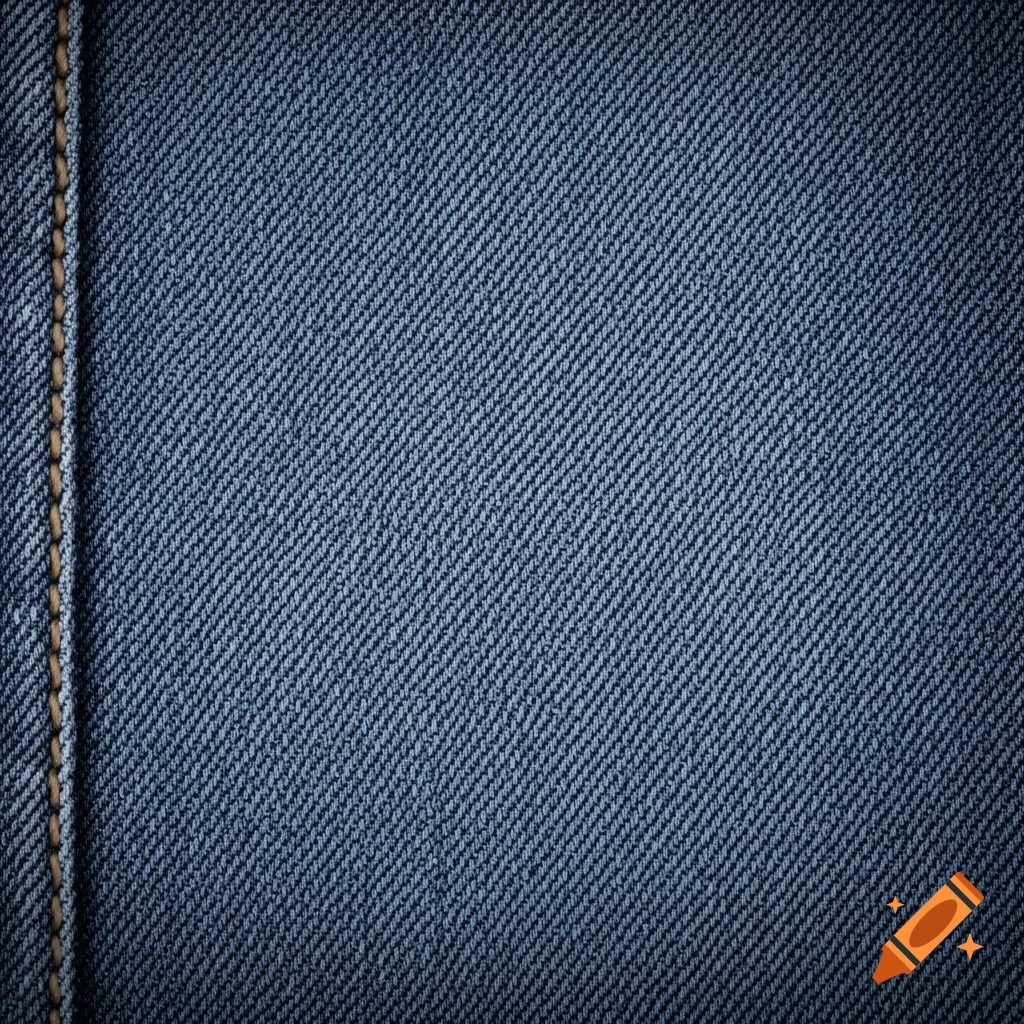 Close-up of blue denim fabric texture with a diagonal weave pattern and visible brown stitching along the left side.