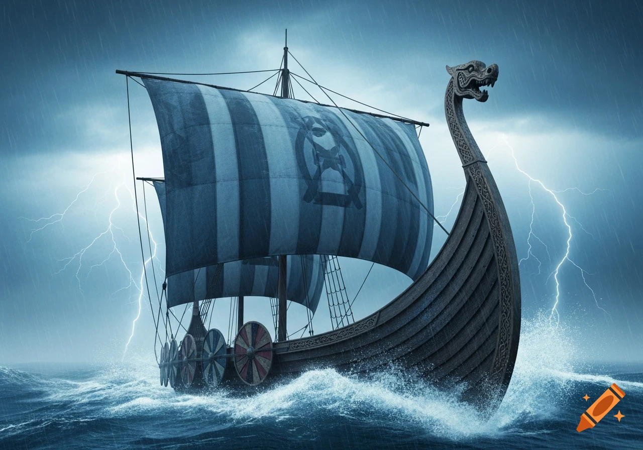 A Viking longship with a dragon head prow sails through a stormy blue sea with rain and lightning.