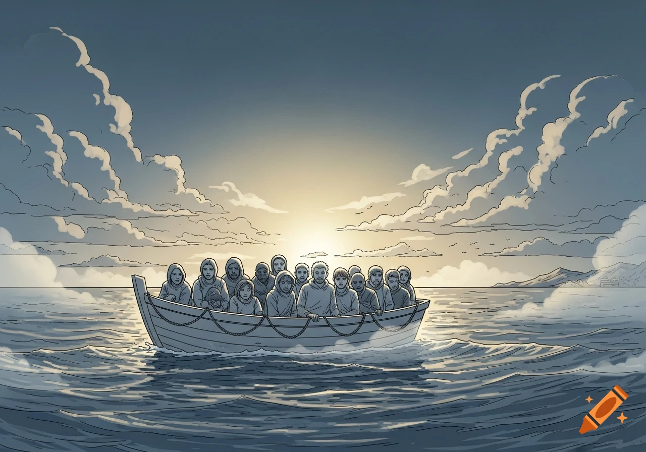 A comic book drawing shows a small boat filled with migrants on a wavy sea under a cloudy sunset sky.