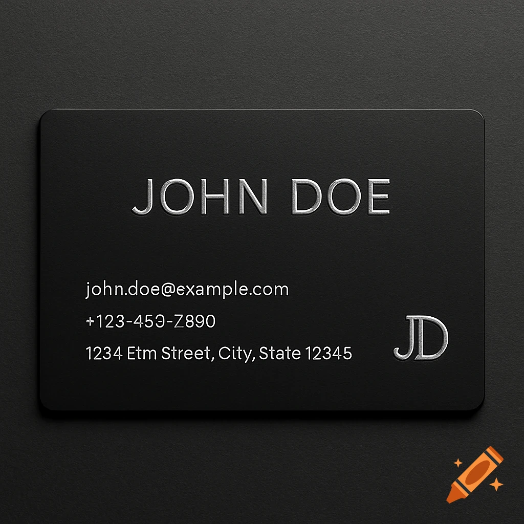 A sleek, black business card with embossed white text for John Doe, including contact information and 'JD' initials.