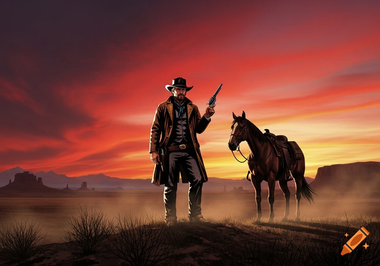 Stylized illustration of a cowboy with a revolver and horse in a desert at a vibrant sunset.