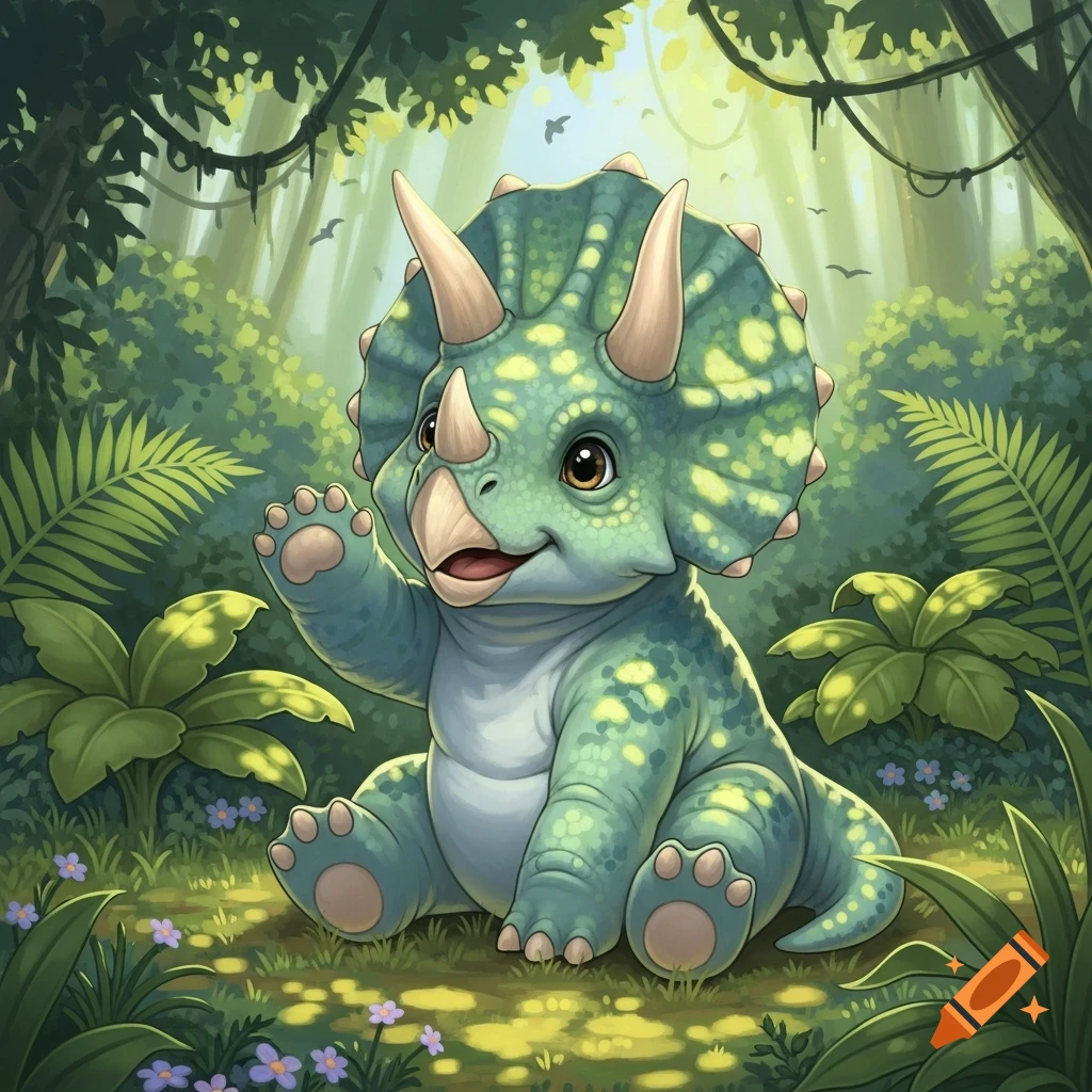 A cute cartoon baby triceratops with green skin and yellow spots sits in a vibrant jungle, waving its paw.
