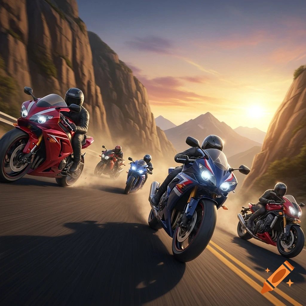 Five motorcyclists race on a winding mountain road at sunset, with distant mountains under a warm sky.