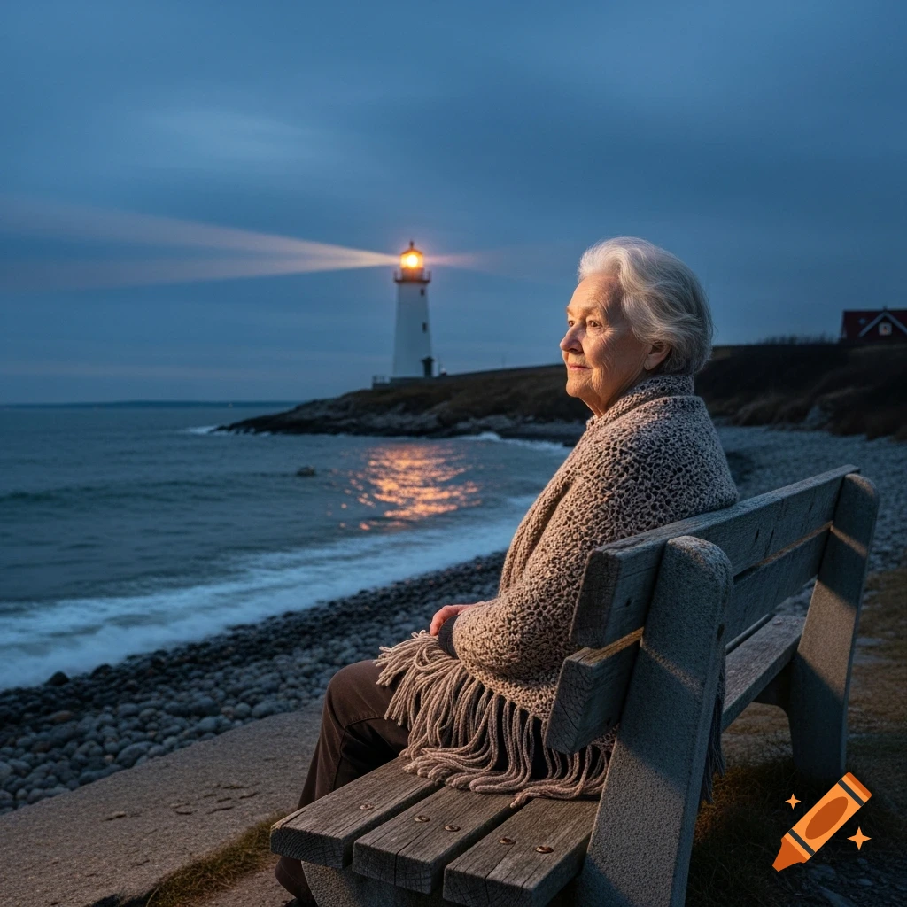 An elderly woman sits on a bench by the sea, looking towards a lighthouse at dusk. Photorealistic.