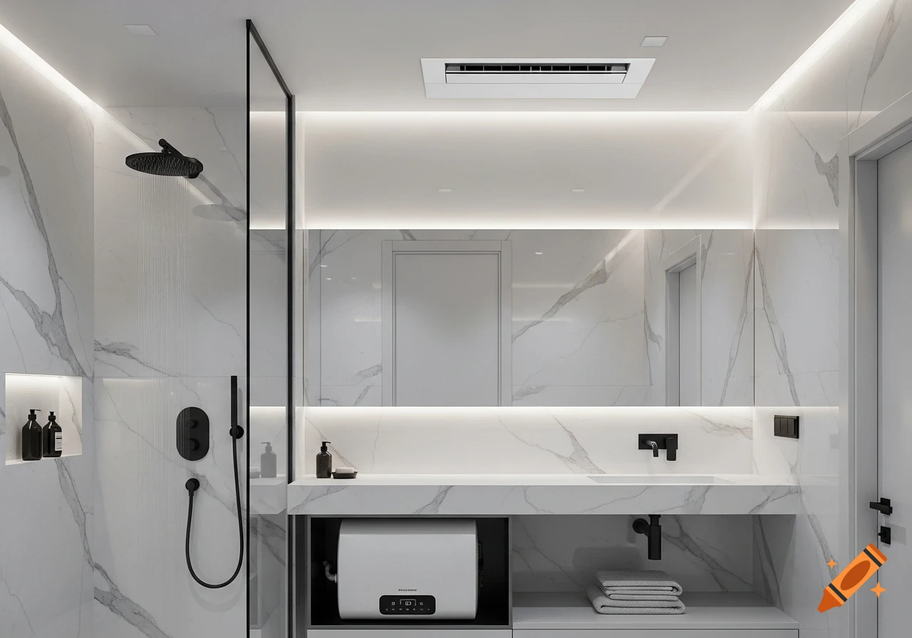 Modern white and gray marble bathroom with a glass shower, black fixtures, under-cabinet water heater, and strip lighting.