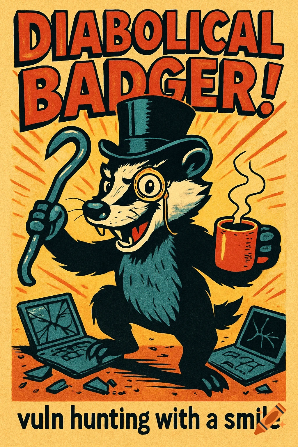 A vintage comic poster of a badger in a top hat and monocle, holding a crowbar and coffee, next to smashed laptops. Text: DIABOLICAL BADGER! vuln hunting with a smile.